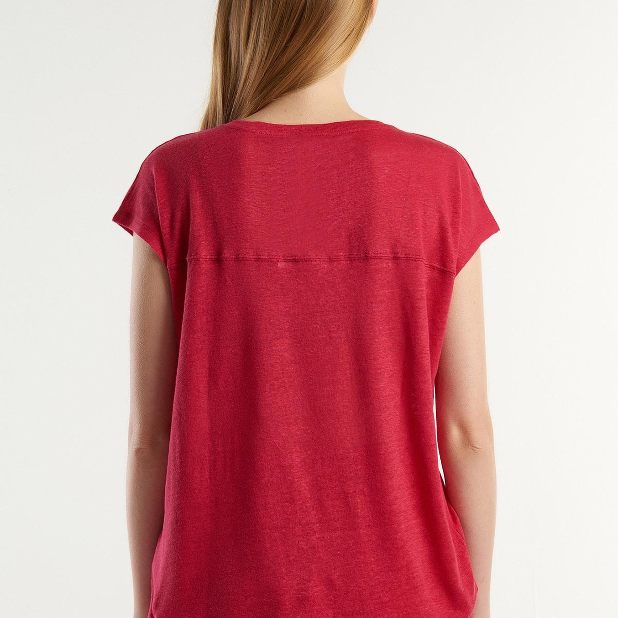 Kadın Fuşya %100 Keten Rahat Kalıp Derin V Yaka Kolsuz T-Shirt