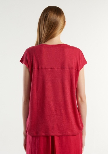  Kadın Fuşya %100 Keten Rahat Kalıp Derin V Yaka Kolsuz T-Shirt