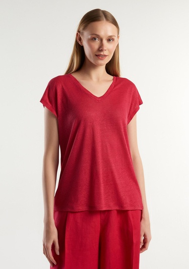  Kadın Fuşya %100 Keten Rahat Kalıp Derin V Yaka Kolsuz T-Shirt