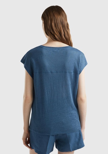  Kadın Gece Mavisi %100 Keten Rahat Kalıp Derin V Yaka Kolsuz T-Shirt