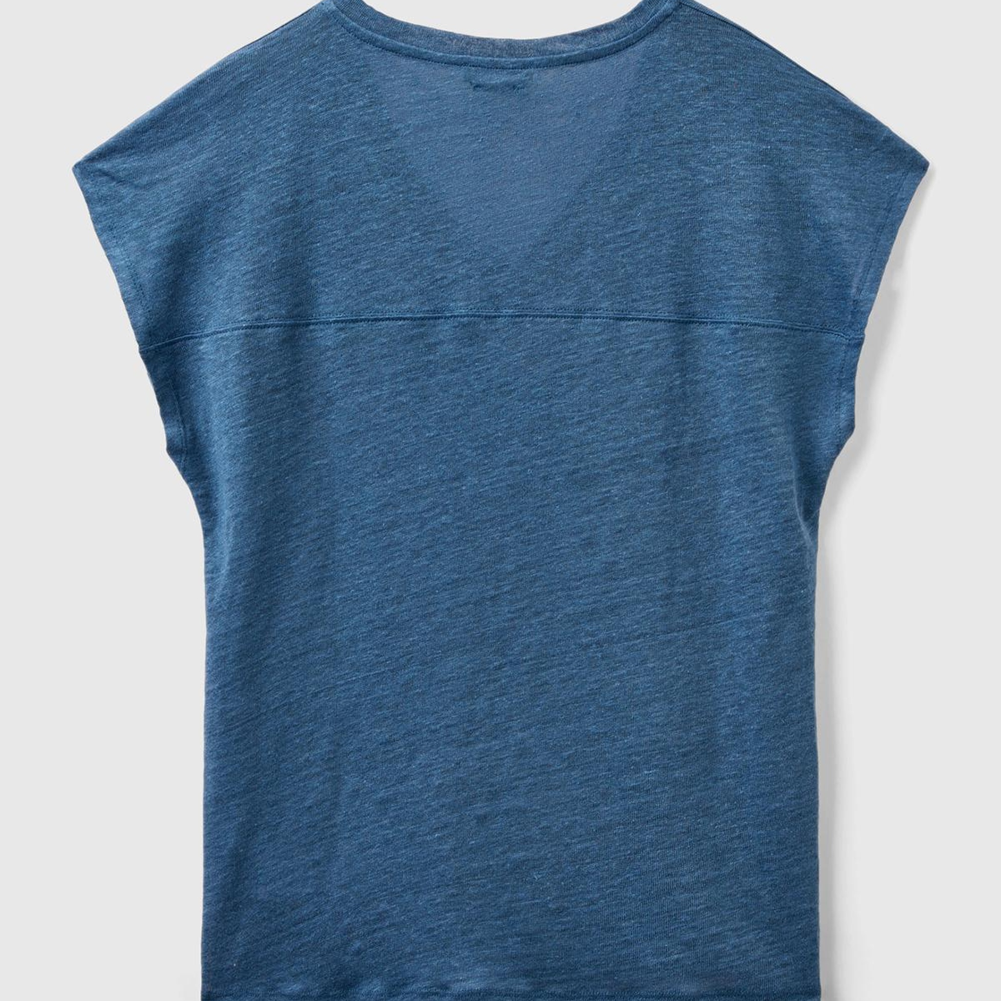 Kadın Gece Mavisi %100 Keten Rahat Kalıp Derin V Yaka Kolsuz T-Shirt