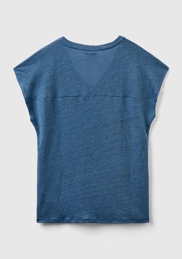  Kadın Gece Mavisi %100 Keten Rahat Kalıp Derin V Yaka Kolsuz T-Shirt