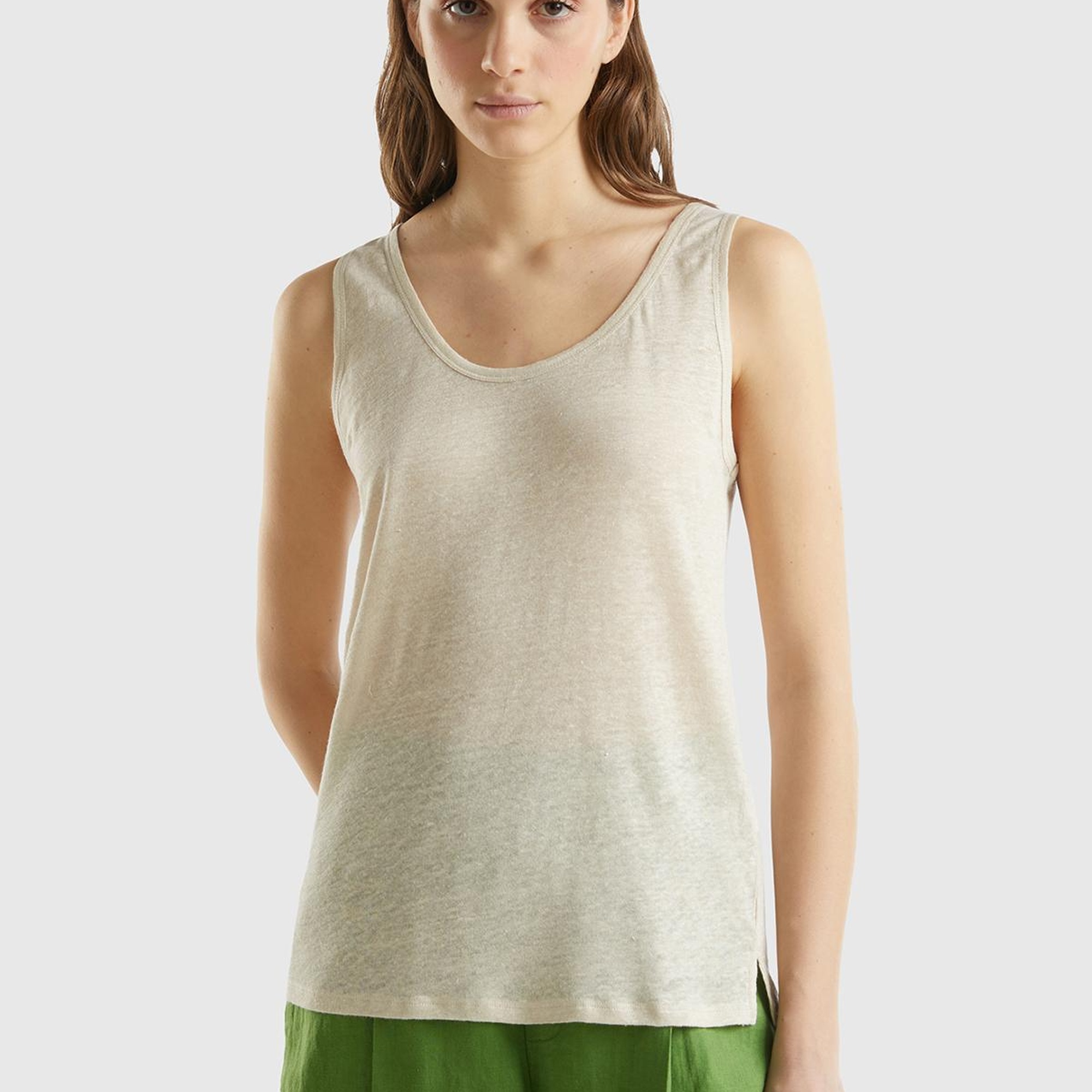 Kadın Bej %100 Keten Rahat Kalıp Kalın Askılı Atlet