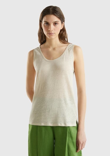  Kadın Bej %100 Keten Rahat Kalıp Kalın Askılı Atlet