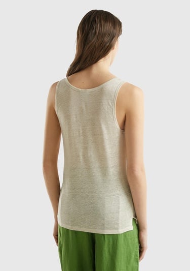  Kadın Bej %100 Keten Rahat Kalıp Kalın Askılı Atlet