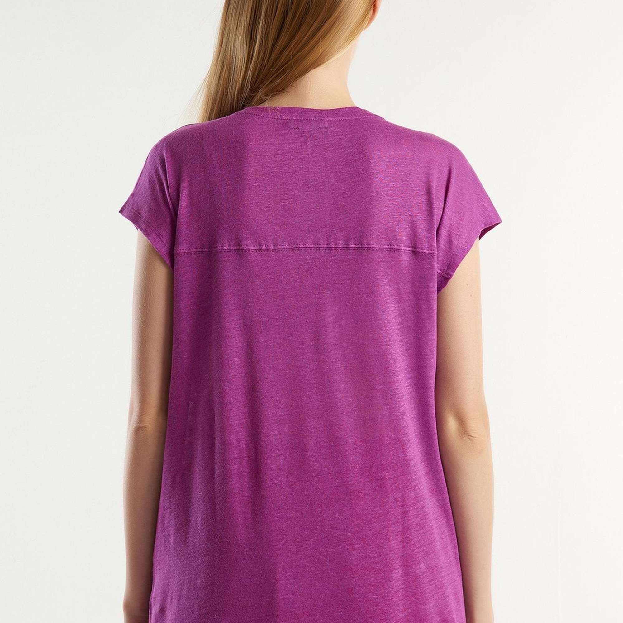 Kadın Mor %100 Keten Rahat Kalıp Derin V Yaka Kolsuz T-Shirt