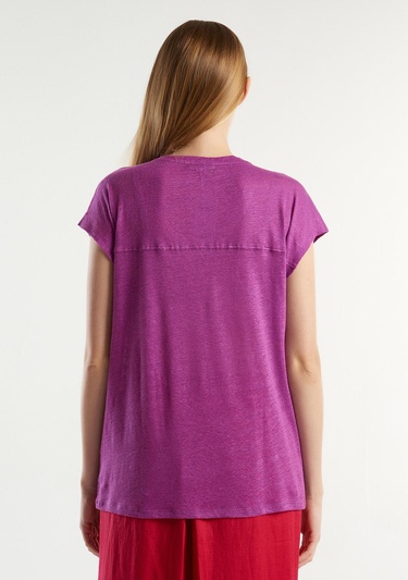  Kadın Mor %100 Keten Rahat Kalıp Derin V Yaka Kolsuz T-Shirt