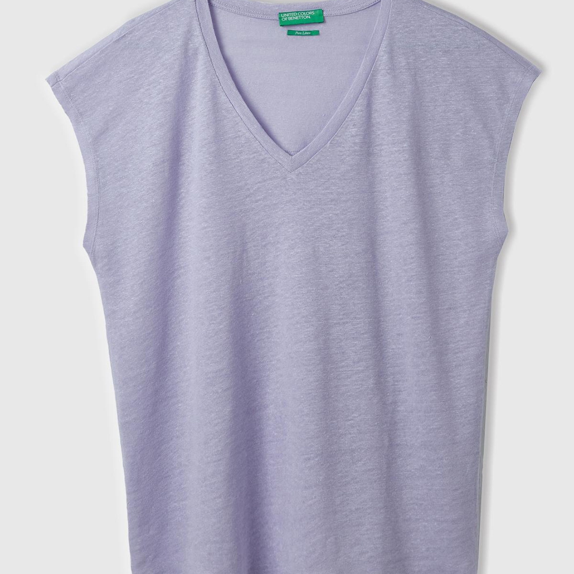 Kadın Lila %100 Keten Rahat Kalıp Derin V Yaka Kolsuz T-Shirt