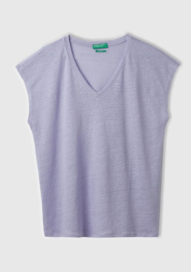  Kadın Lila %100 Keten Rahat Kalıp Derin V Yaka Kolsuz T-Shirt