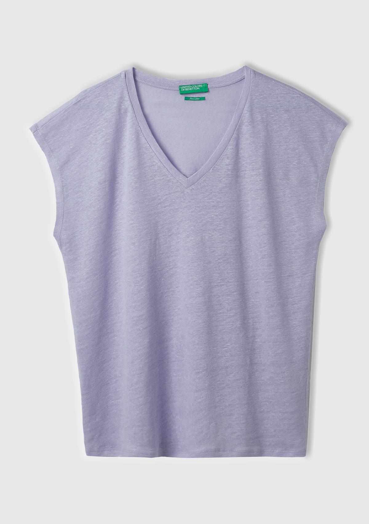  Kadın Lila %100 Keten Rahat Kalıp Derin V Yaka Kolsuz T-Shirt