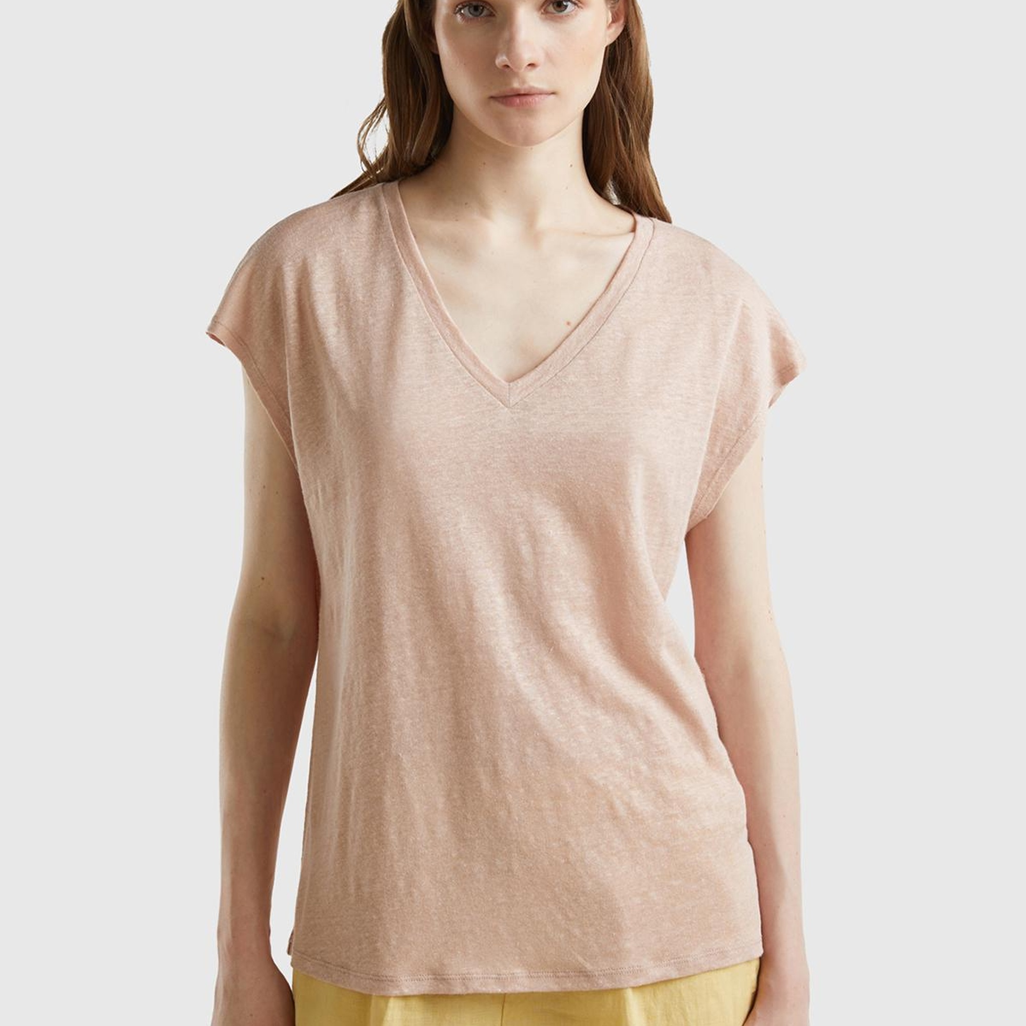 Kadın Pudra %100 Keten Rahat Kalıp Derin V Yaka Kolsuz T-Shirt
