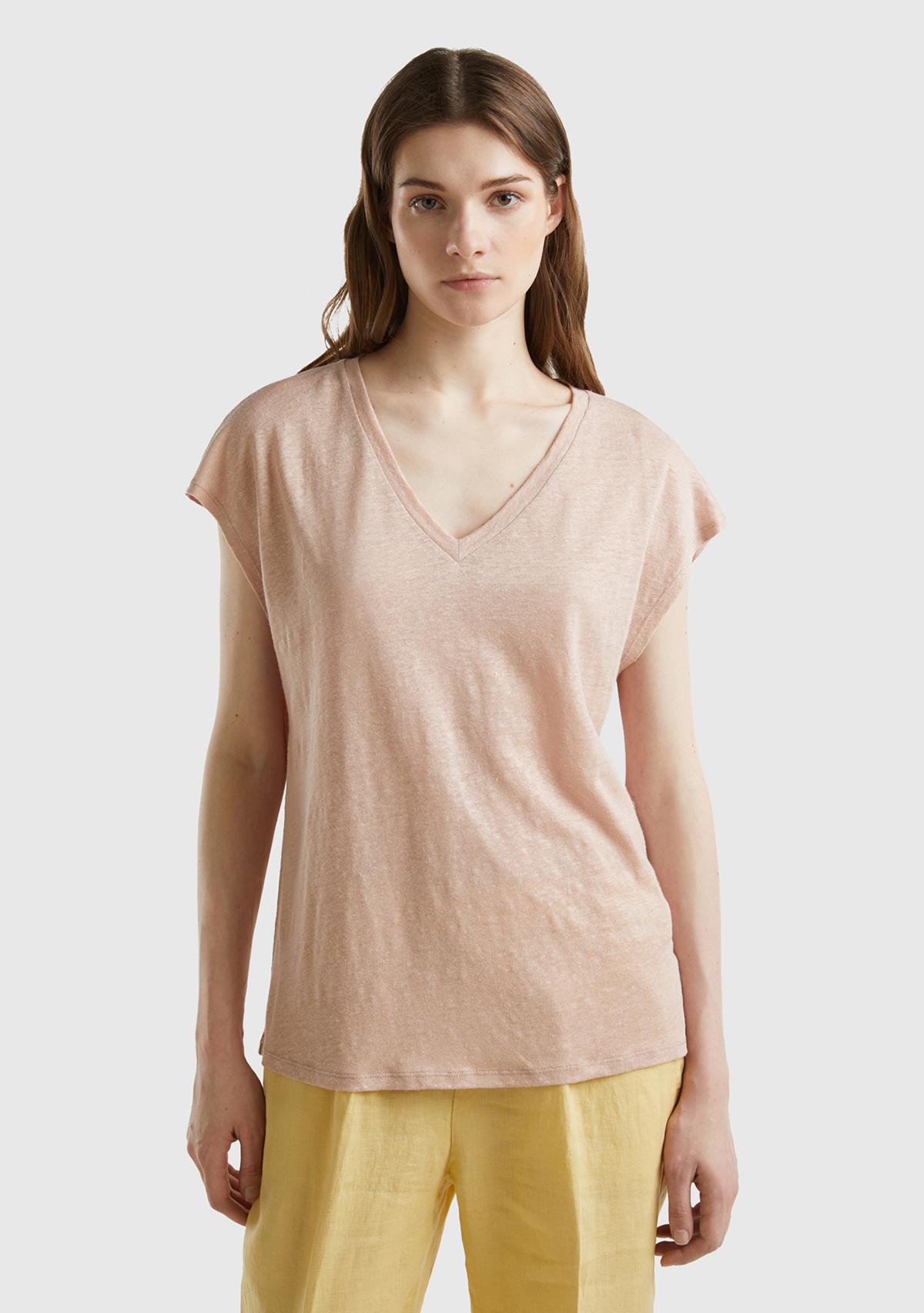  Kadın Pudra %100 Keten Rahat Kalıp Derin V Yaka Kolsuz T-Shirt