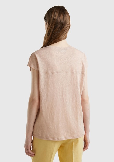  Kadın Pudra %100 Keten Rahat Kalıp Derin V Yaka Kolsuz T-Shirt