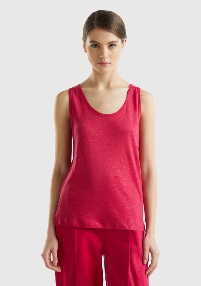  Kadın Fuşya %100 Keten Rahat Kalıp Kalın Askılı Atlet