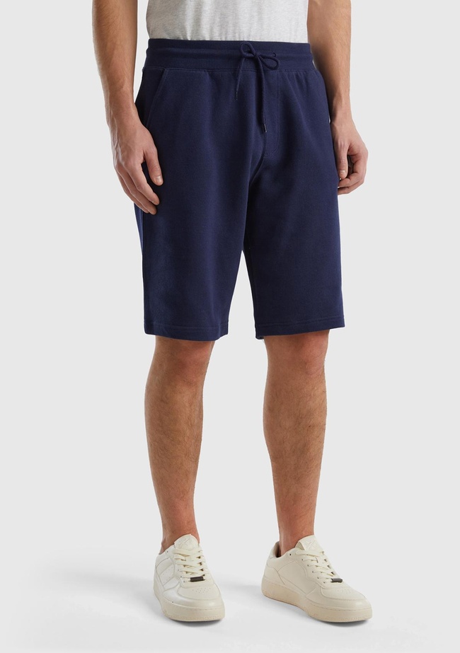  Erkek Koyu Lacivert %100 Pamuk Logo Detaylı Beli Lastikli Bermuda Şort
