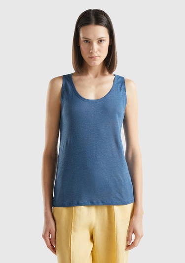  Kadın Gece Mavisi %100 Keten Rahat Kalıp Kalın Askılı Atlet