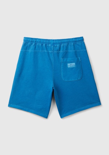  Erkek Koyu Mavi %100 Organik Pamuk Yama Cepli Beli Büzgülü Bermuda Şort