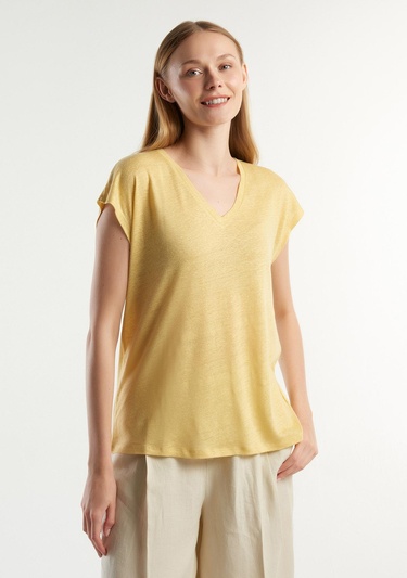  Kadın Açık Sarı %100 Keten Rahat Kalıp Derin V Yaka Kolsuz T-Shirt