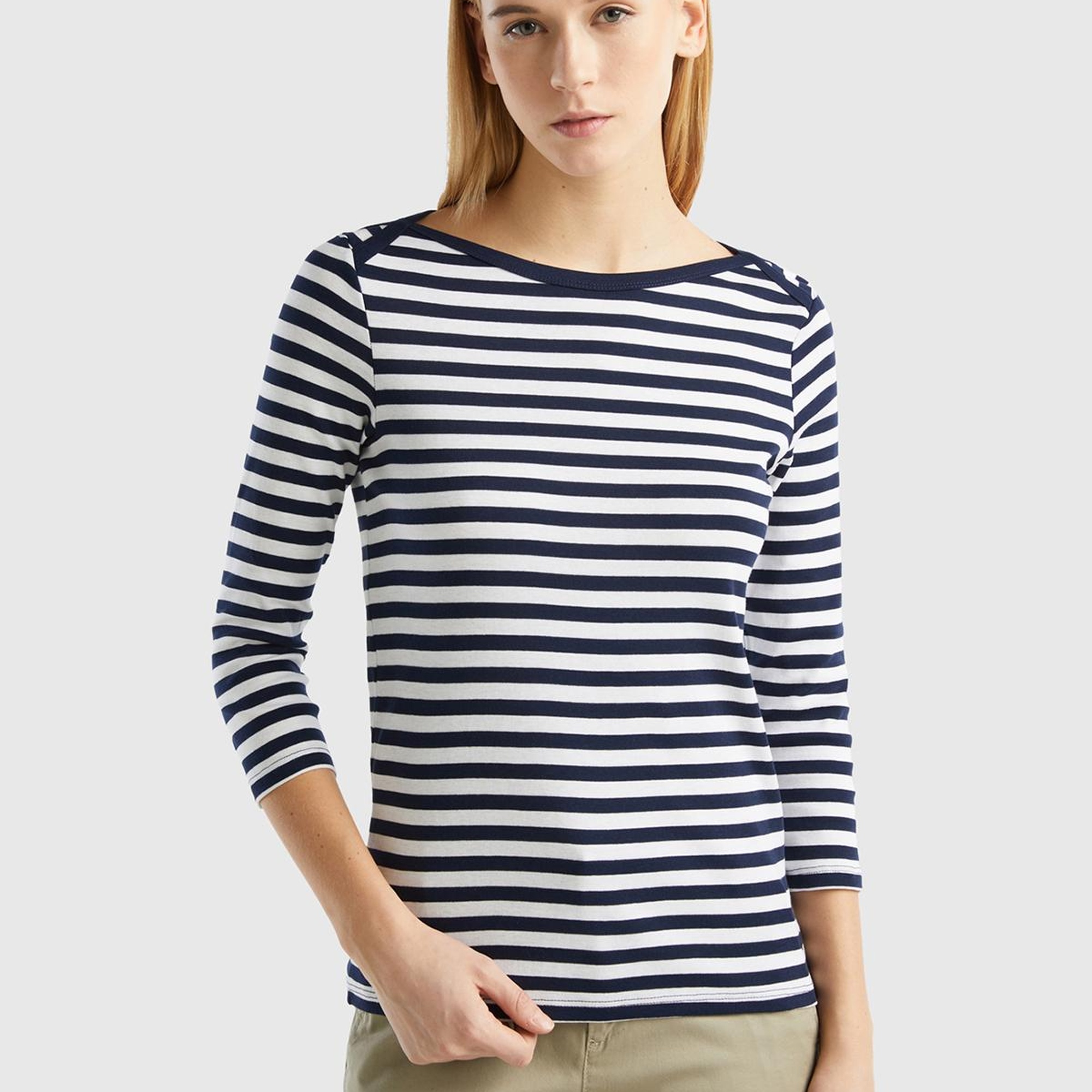 Kadın İndigo Truvakar Kol Çizgili T-shirt