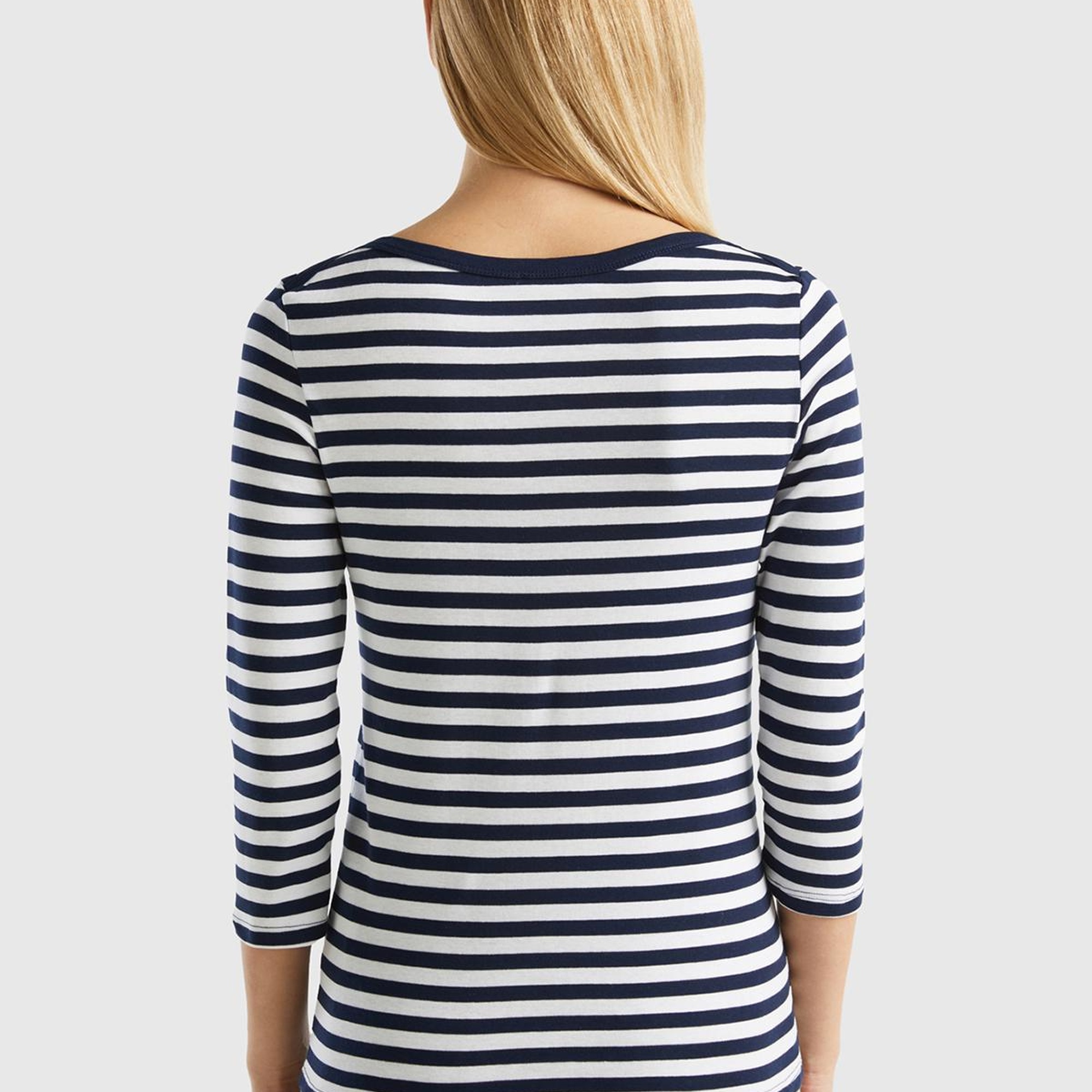 Kadın İndigo Truvakar Kol Çizgili T-shirt