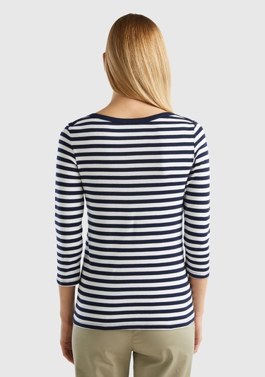 Kadın İndigo Truvakar Kol Çizgili T-shirt