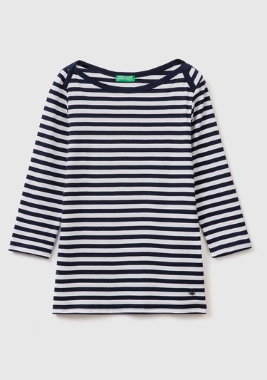  Kadın İndigo Truvakar Kol Çizgili T-shirt