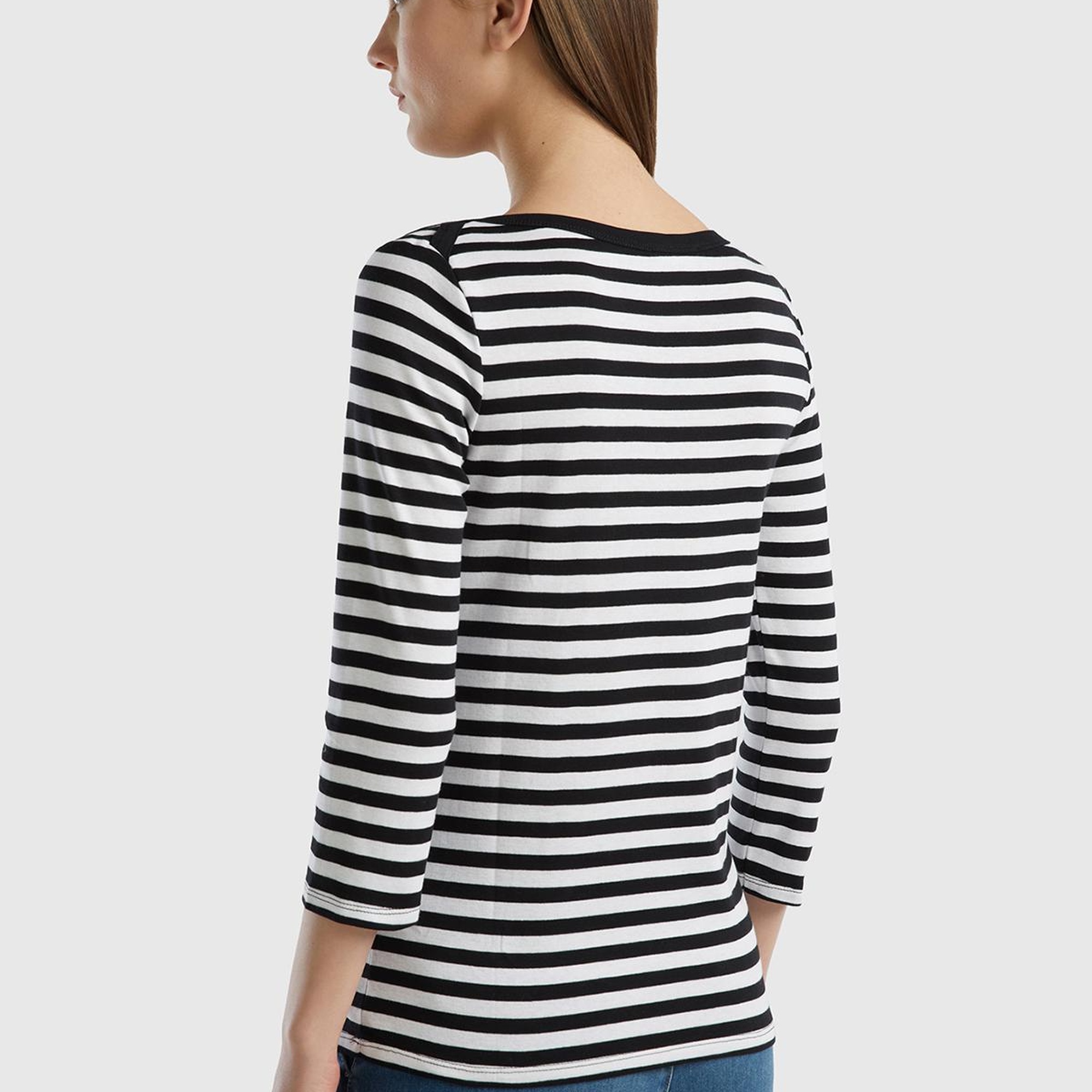 Kadın Siyah Truvakar Kol Çizgili T-shirt