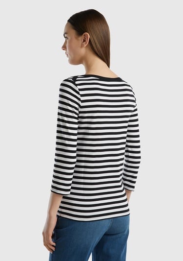  Kadın Siyah Truvakar Kol Çizgili T-shirt