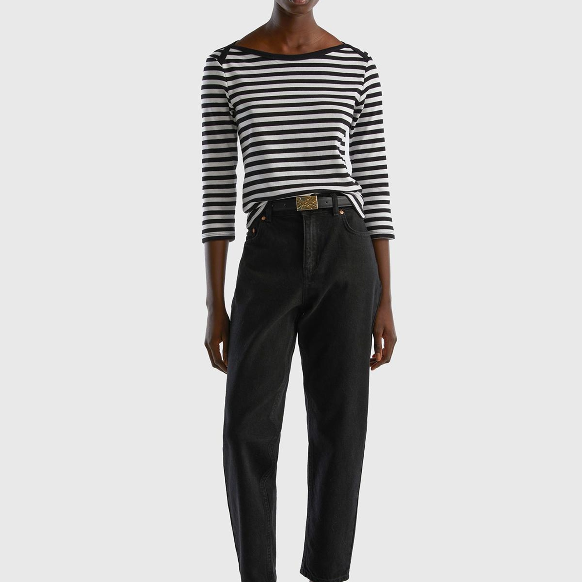 Kadın Siyah Truvakar Kol Çizgili T-shirt