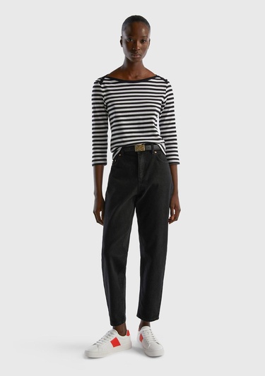  Kadın Siyah Truvakar Kol Çizgili T-shirt