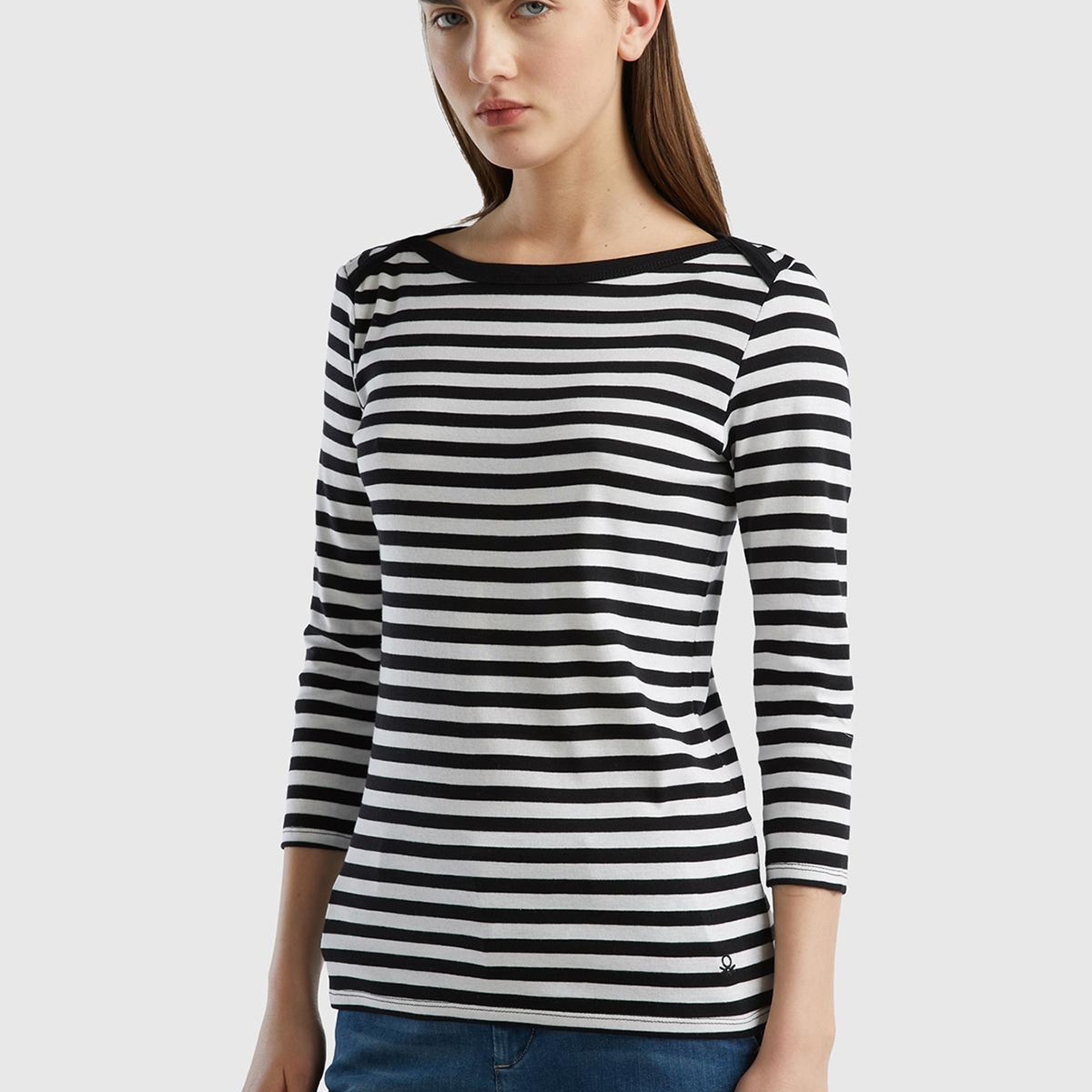 Kadın Siyah Truvakar Kol Çizgili T-shirt