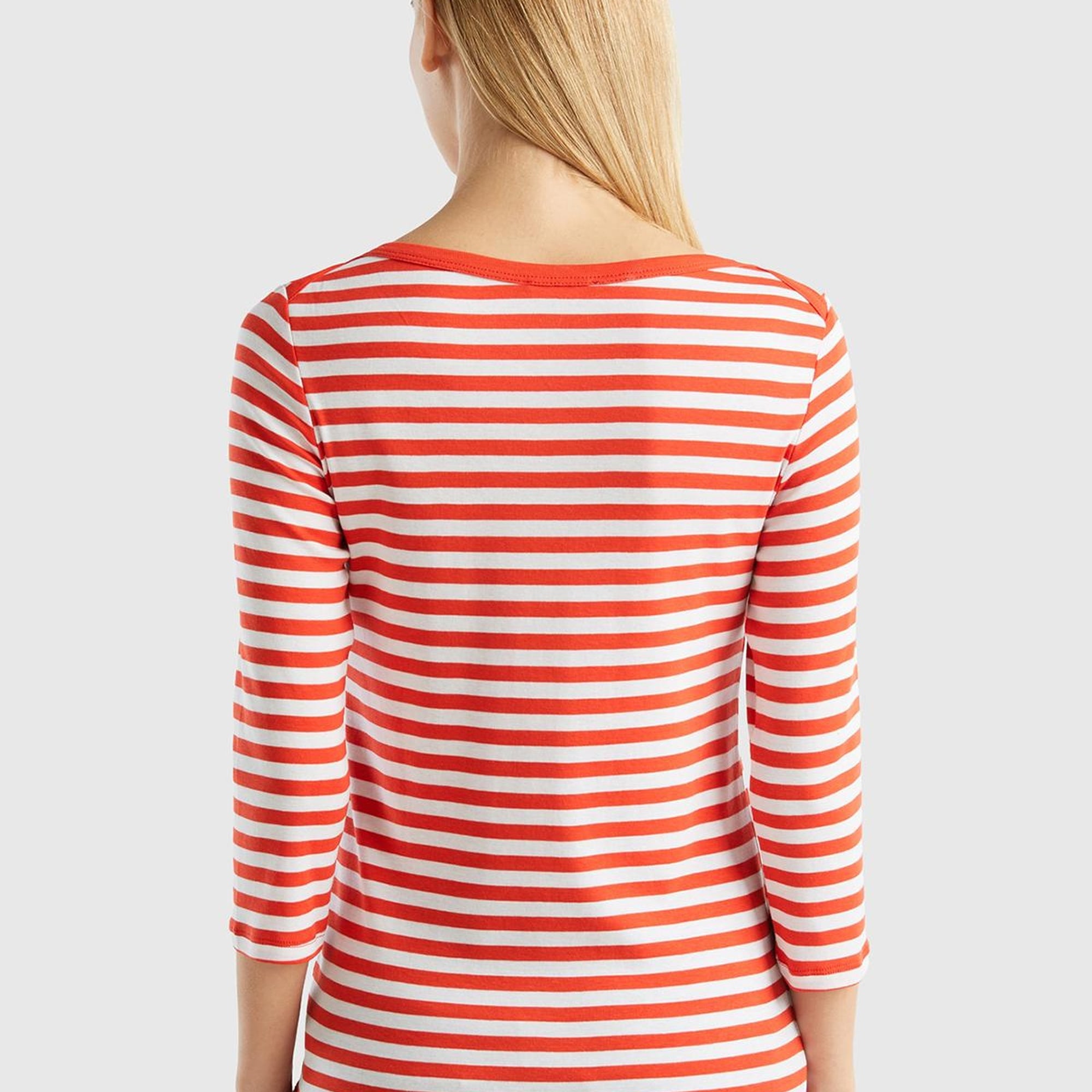 Kadın Kırmızı Truvakar Kol Çizgili T-shirt
