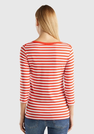  Kadın Kırmızı Truvakar Kol Çizgili T-shirt