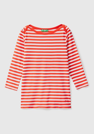  Kadın Kırmızı Truvakar Kol Çizgili T-shirt