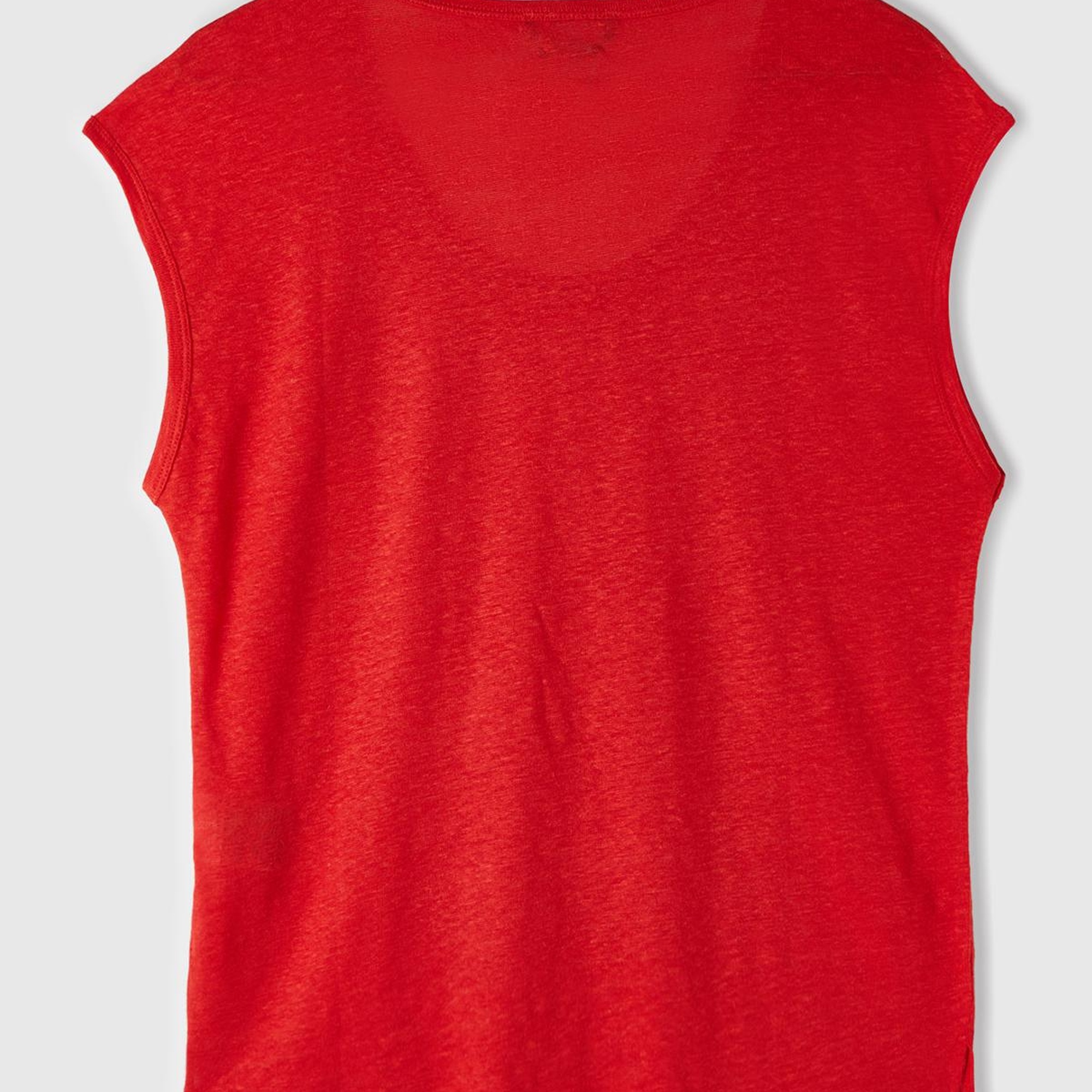 Kadın Kırmızı %100 Keten Rahat Kalıp Geniş Bisiklet Yaka Kolsuz T-Shirt