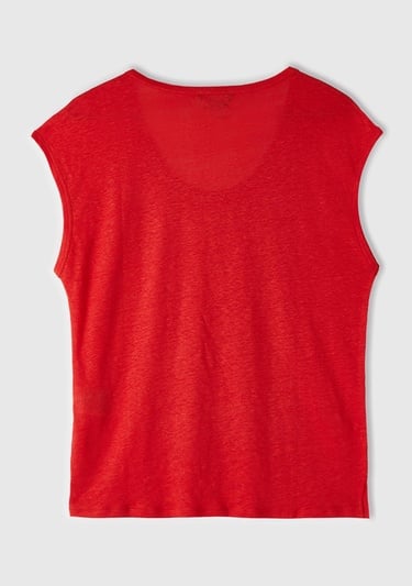  Kadın Kırmızı %100 Keten Rahat Kalıp Geniş Bisiklet Yaka Kolsuz T-Shirt