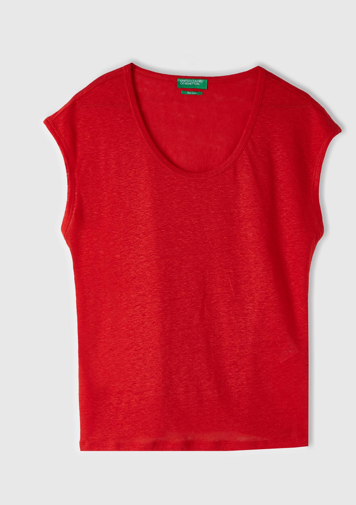  Kadın Kırmızı %100 Keten Rahat Kalıp Geniş Bisiklet Yaka Kolsuz T-Shirt