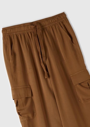  Kadın Taba %100 Viskoz Beli Büzgülü 4 Cepli Dar Paça Pantolon