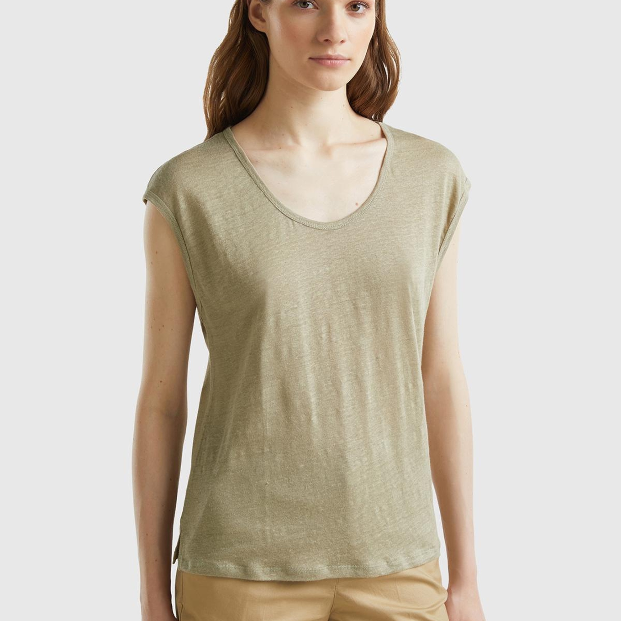 Kadın Haki %100 Keten Rahat Kalıp Geniş Bisiklet Yaka Kolsuz T-Shirt