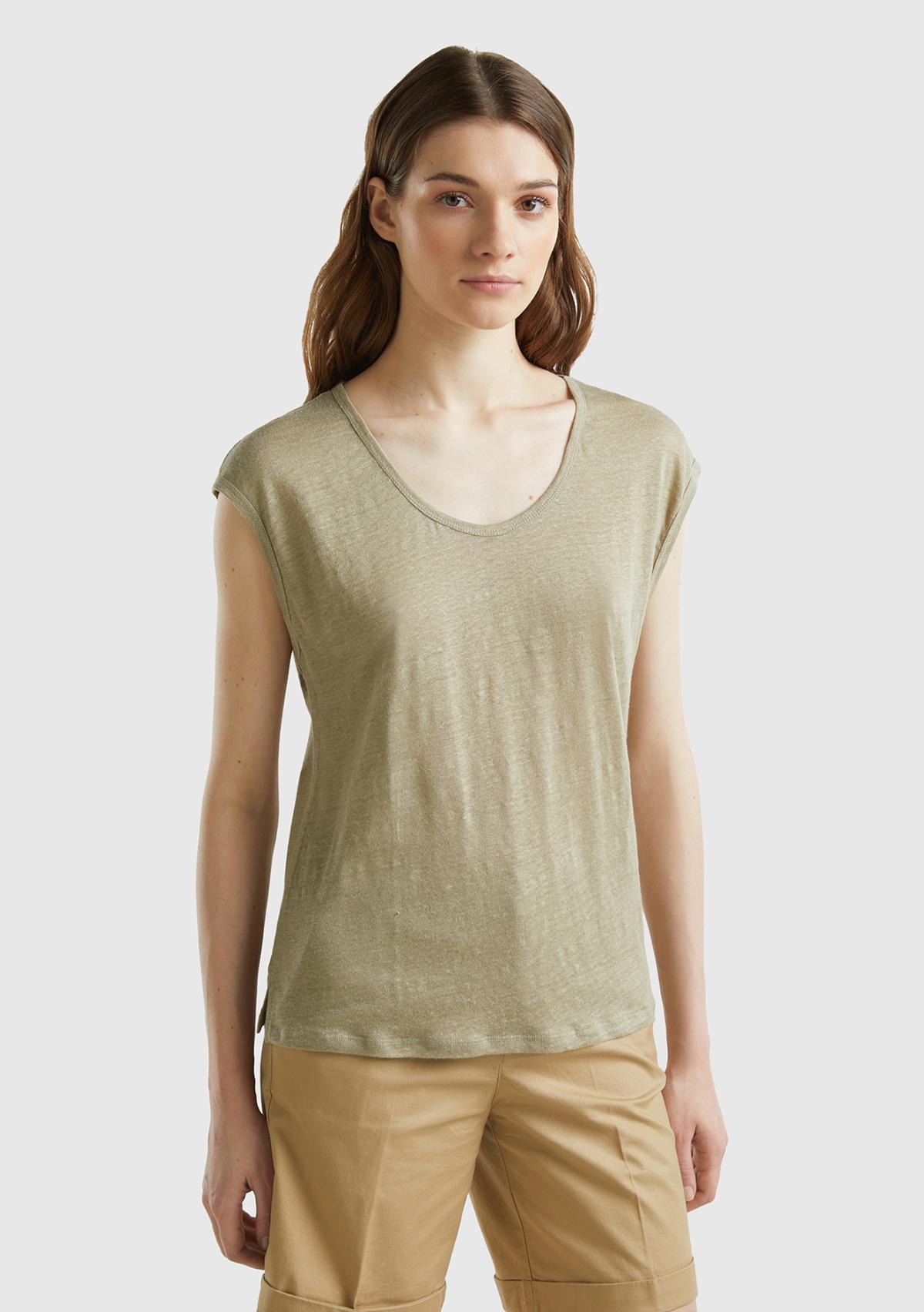  Kadın Haki %100 Keten Rahat Kalıp Geniş Bisiklet Yaka Kolsuz T-Shirt