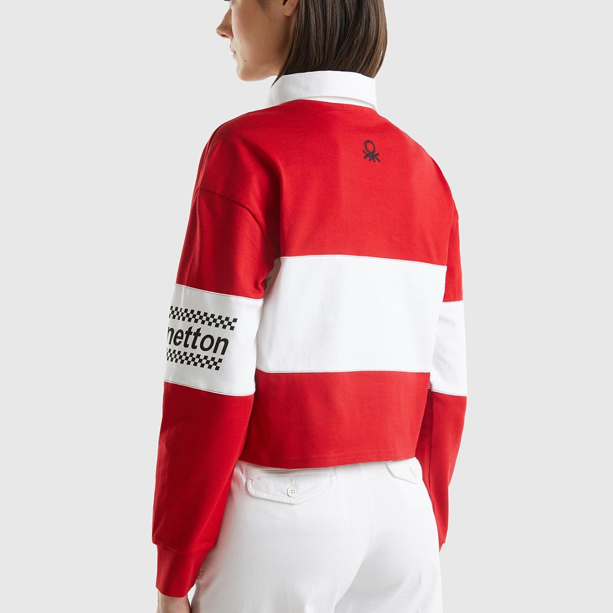 Kadın Kırmızı %100 Pamuk Logo Baskılı Renk Bloklu Polo Yaka Crop Sweatshirt