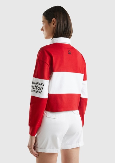  Kadın Kırmızı %100 Pamuk Logo Baskılı Renk Bloklu Polo Yaka Crop Sweatshirt