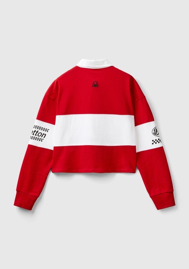  Kadın Kırmızı %100 Pamuk Logo Baskılı Renk Bloklu Polo Yaka Crop Sweatshirt