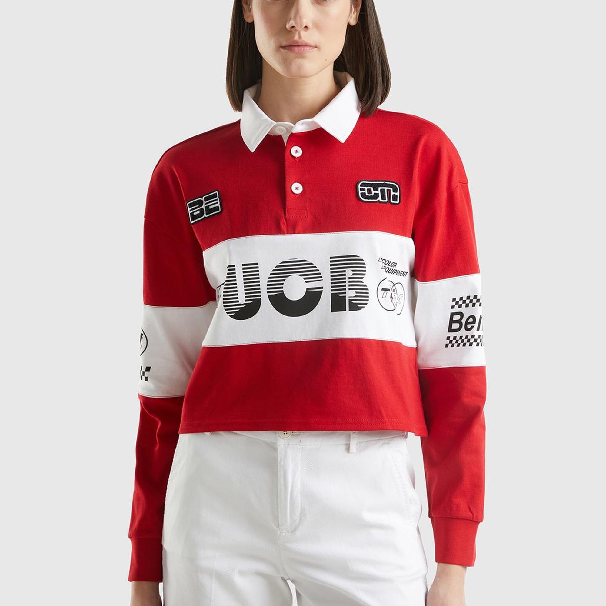 Kadın Kırmızı %100 Pamuk Logo Baskılı Renk Bloklu Polo Yaka Crop Sweatshirt