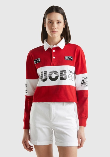  Kadın Kırmızı %100 Pamuk Logo Baskılı Renk Bloklu Polo Yaka Crop Sweatshirt