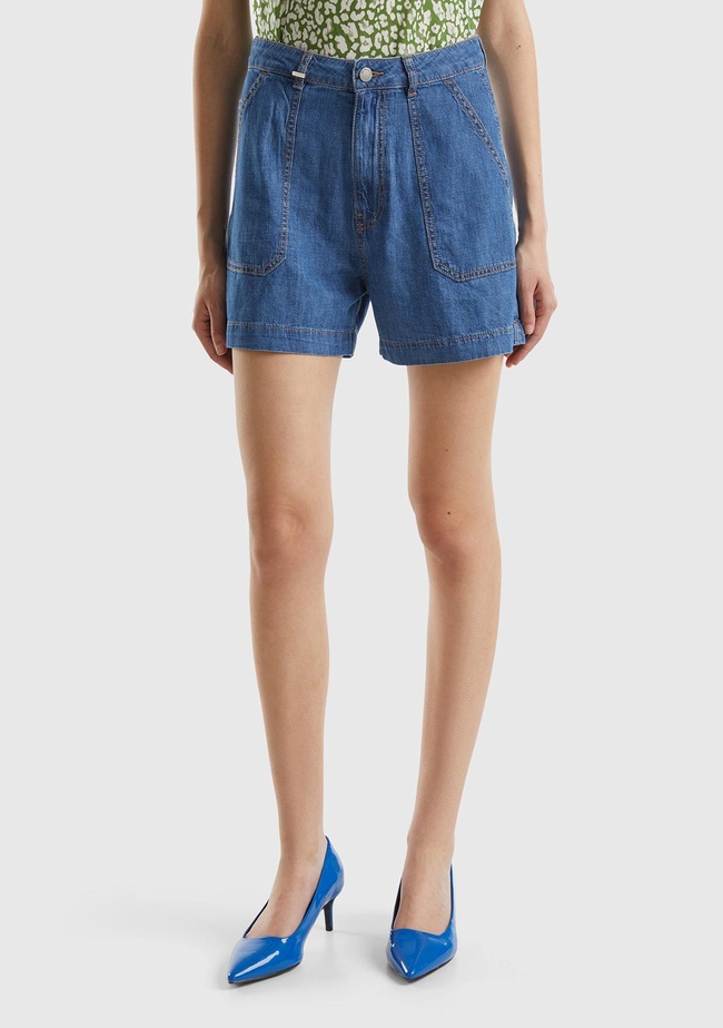  Kadın Açık Mavi %100 Pamuk Arkası Logo Detaylı 5 Cepli Yüksek Bel Denim Şort