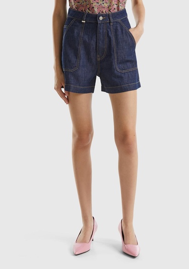  Kadın Lacivert %100 Pamuk Arkası Logo Detaylı 5 Cepli Yüksek Bel Denim Şort