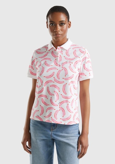  Kadın Beyaz Mix Streç Pamuklu Göğsü Logo İşlemeli Tamamı Desenli Polo T-Shirt