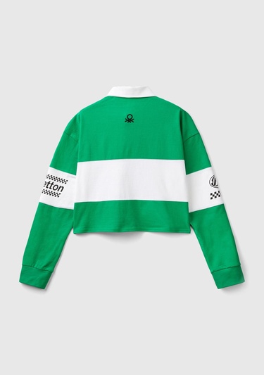  Kadın Yeşil %100 Pamuk Logo Baskılı Renk Bloklu Polo Yaka Crop Sweatshirt