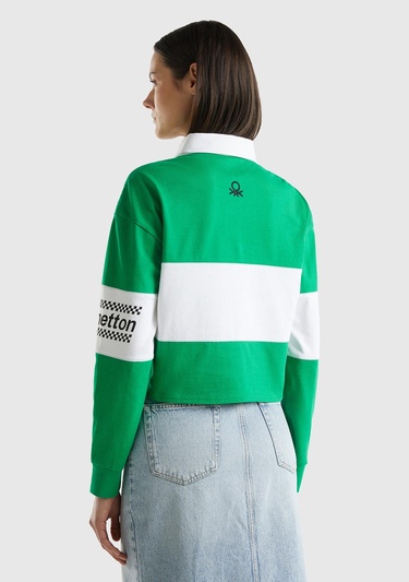  Kadın Yeşil %100 Pamuk Logo Baskılı Renk Bloklu Polo Yaka Crop Sweatshirt